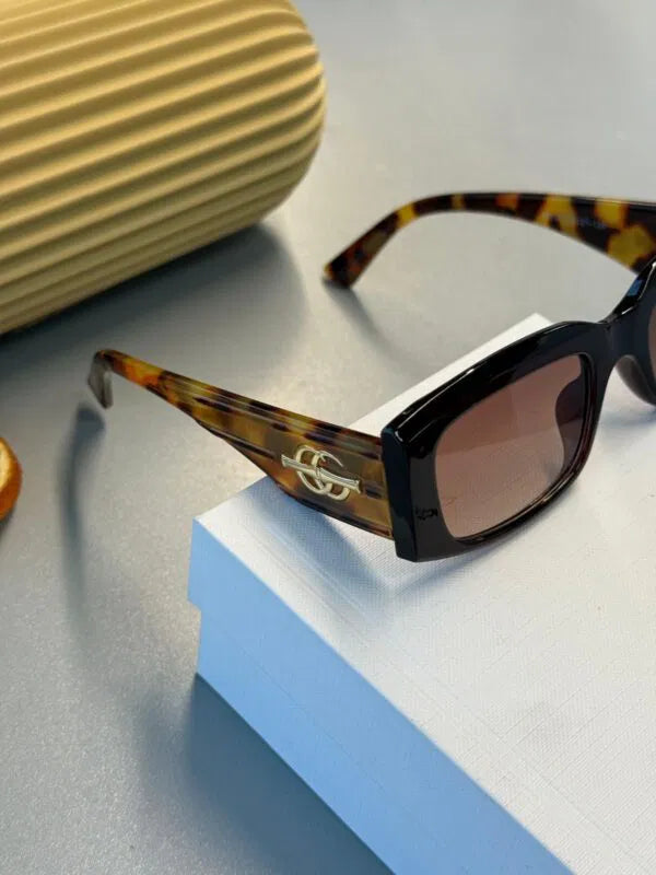 Gucci Unisex Dikdörtgen Asetat Güneş Gözlüğü-Black/Havana Brown